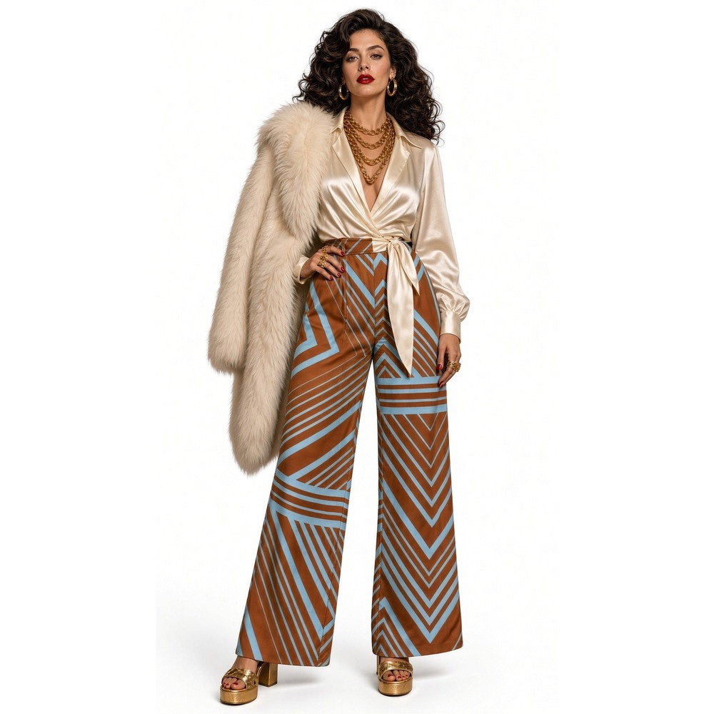 Mango MNG Geometric Print High Waisted Wide Leg Pants Brown Turquoise 4 Mobwife